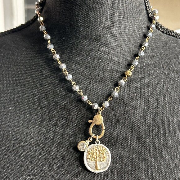 Silver Gold TREE Pendant Gray Faceted Glass Beads Rhinestone 17" - Picture 1 of 6
